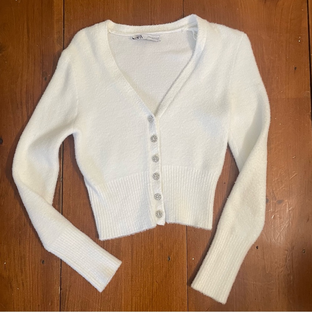 Zara  fuzzy white crop fit cardigan with gem buttons